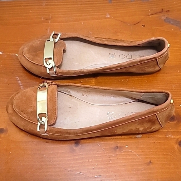 ALDO SUECE WOMEN'S FLAT LOAFERS WITH GOLD DETAILS AROUND THE SHOES IN BROWN SZ 7 - Picture 4 of 14